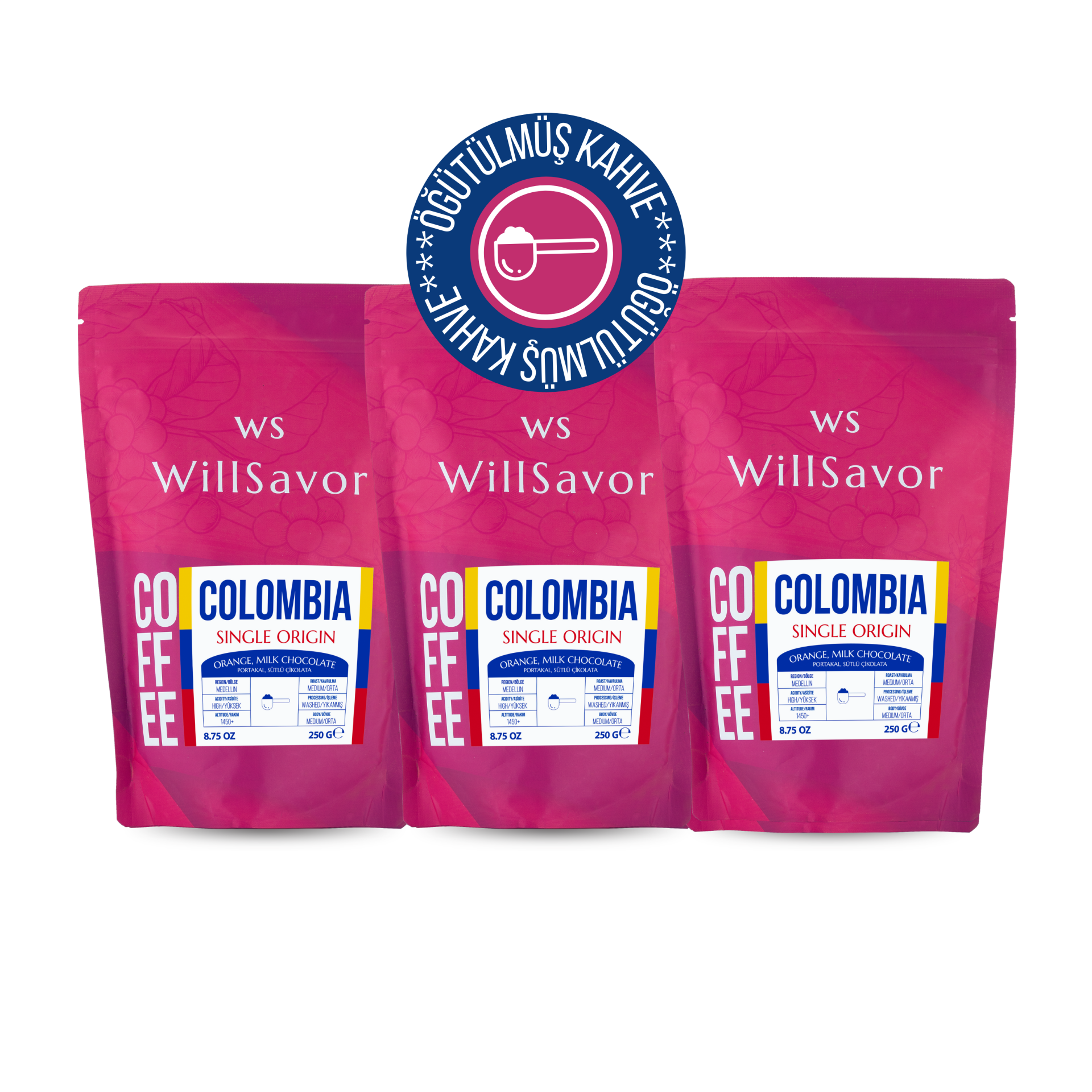 WillSavor Avantaj Paket 3 X Colombia Single Origin % 100 Arabica (ÖĞÜTÜLMÜŞ KAHVE) 750 gr