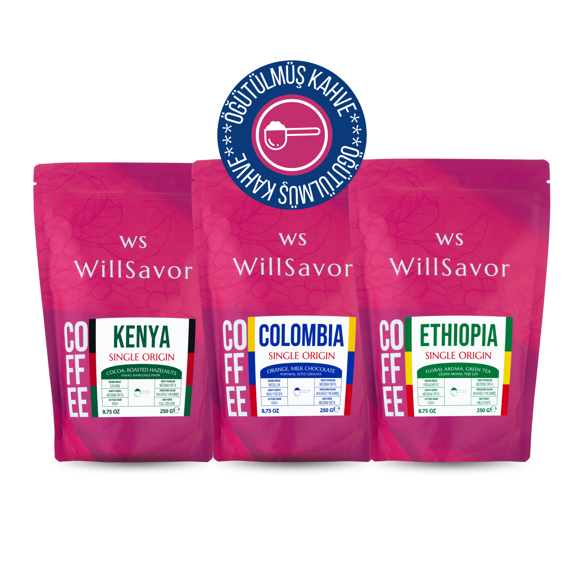 WillSavor Avantaj Tanışma Paketi Kenya + Colombia + Ethiopia Single Origin (Öğütülmüş Kahve) 750 gr